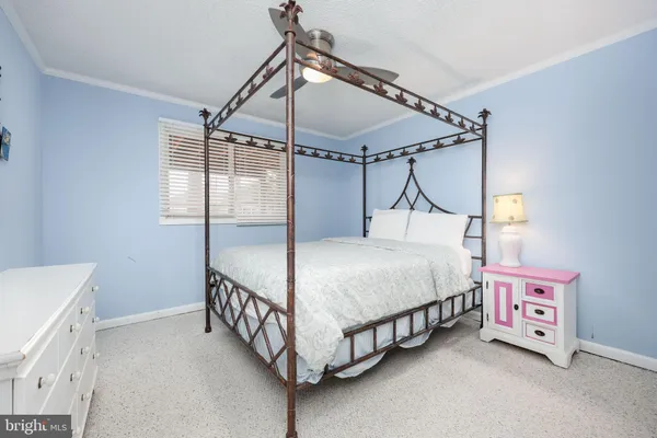 a bedroom with a bed window and a ceiling fan