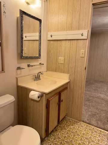 a bathroom with a sink a toilet and mirror