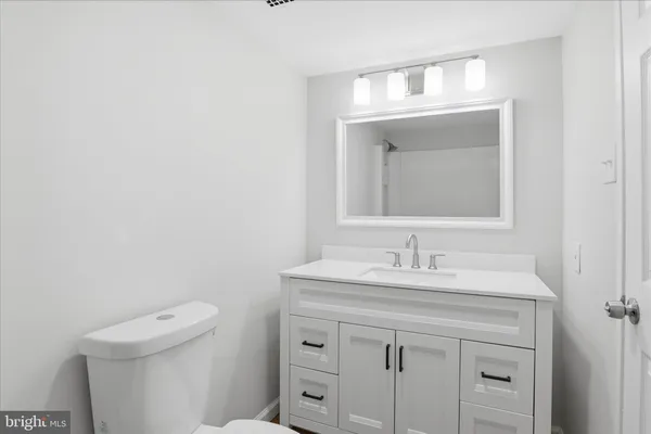 a bathroom with a sink vanity and a toilet