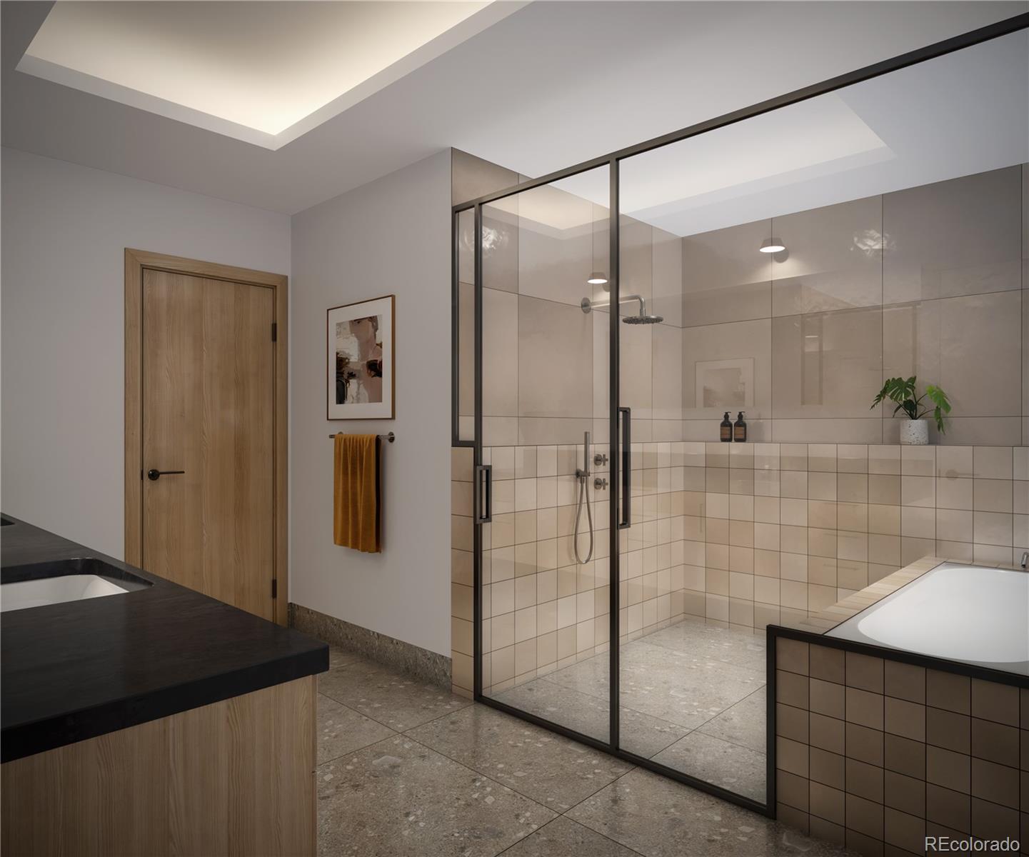 6408 Quitman Court Arvada, CO 80003 - Photo 7 of 11 a bathroom with a granite countertop sink mirror and shower