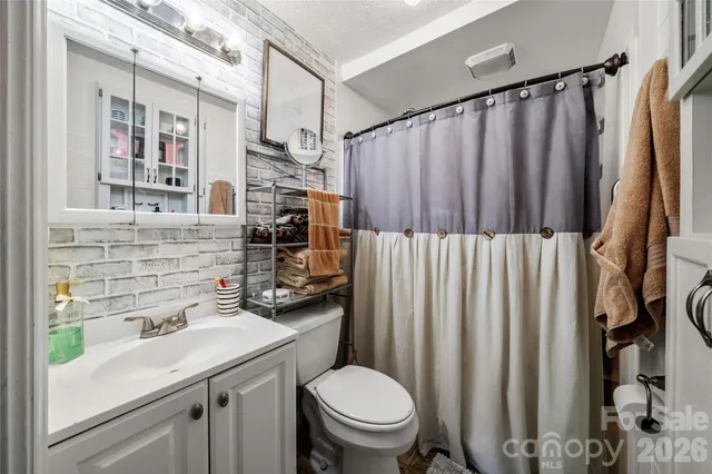 a bathroom with a sink a toilet a mirror and shower curtain