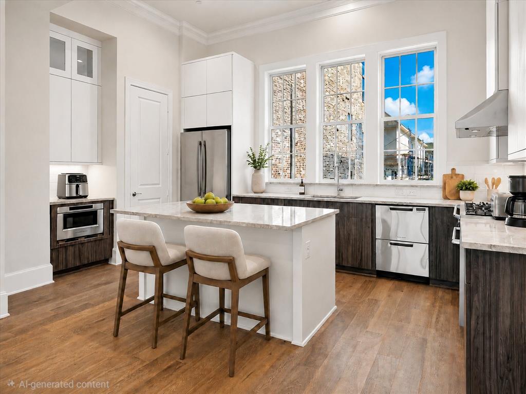 6019 Laurel Lane Addison, TX 75001 - Photo 18 of 21 Modern kitchen featuring wood-finish flooring, a central island with a light-toned countertop, stainless steel appliances, and white upper cabinetry with dark wood-finish lower cabinetry