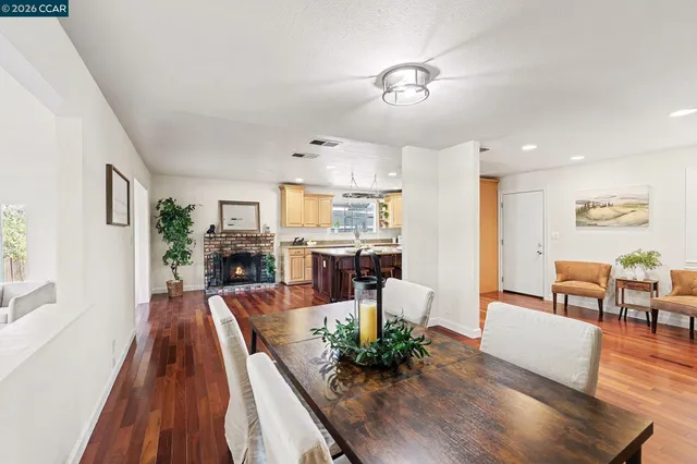 a view of a dining room with furniture a potted plant and wooden floor