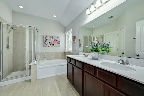 a bathroom with a tub a double vanity sink and a mirror