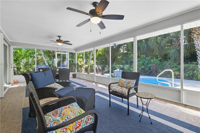 an outdoor space with patio furniture