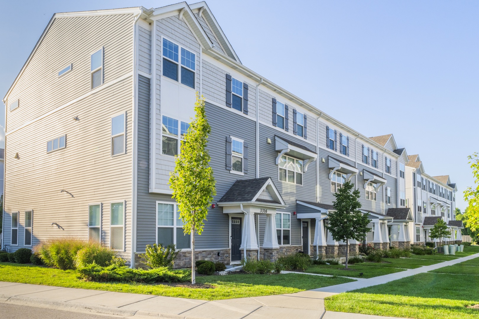 a front view of a multi story building