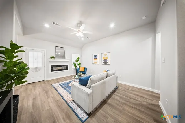a living room with furniture and a potted plant