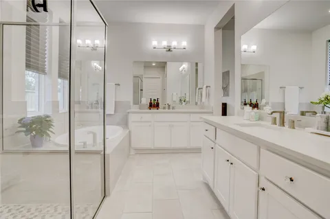 a bathroom with a double vanity sink mirror and shower
