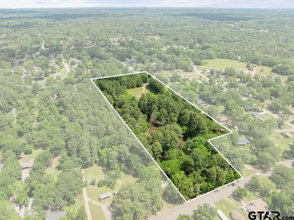 an aerial view of residential houses with outdoor space and trees