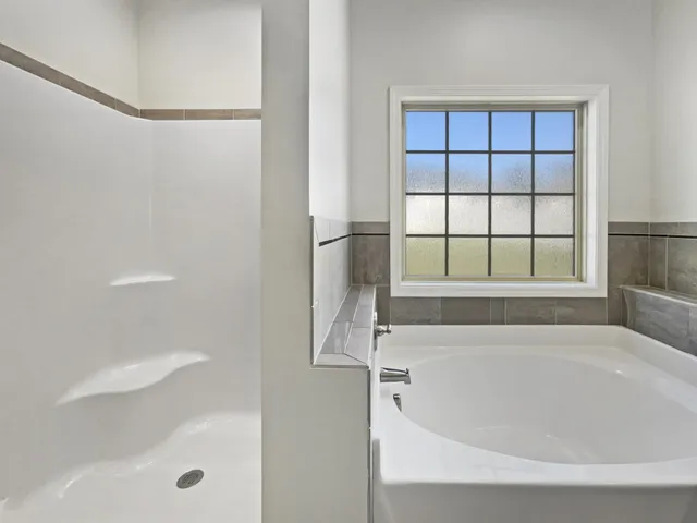 a bathroom with a bathtub and a shower