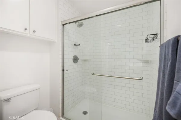 a bathroom with a shower and toilet