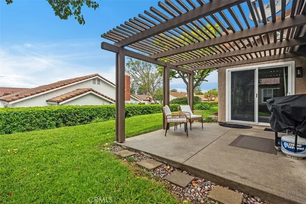 a garden view with a seating space