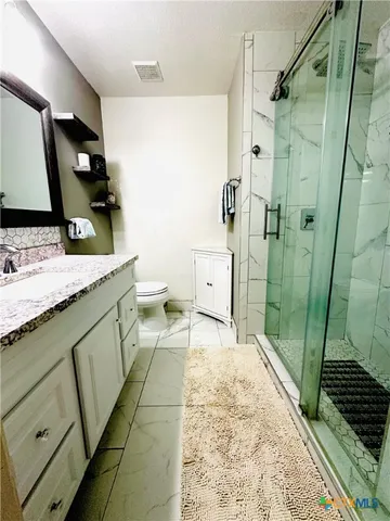 a bathroom with a sink a toilet and shower