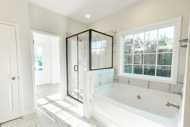 a bathroom with a bathtub and a shower