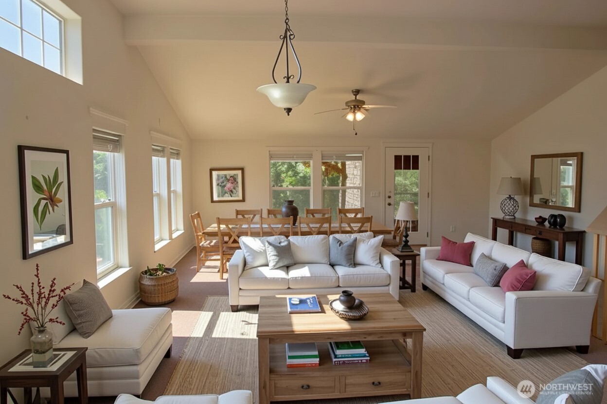 660 Elk Loop Sequim, WA 98382 - Photo 3 of 36 a living room with furniture hard wood floor and a chandelier