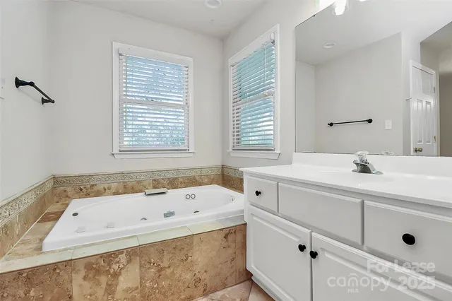 a bathroom with a tub a sink and mirror