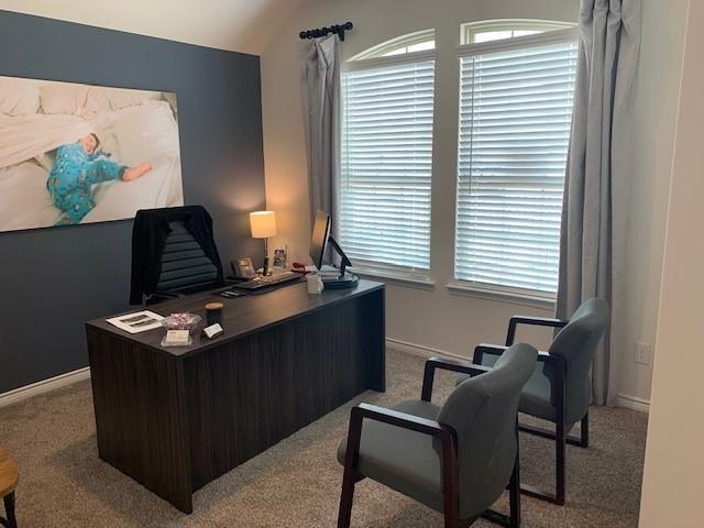 712 Feldspar Way Princeton, TX 75407 - Photo 5 of 12 Dedicated workspace featuring two arched windows with blinds, a dark wood-finish desk, and plush carpet flooring