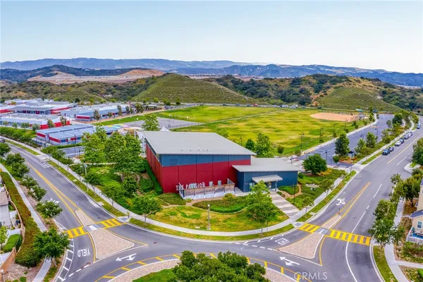 an aerial view of a pool