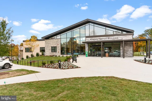 a front view of a building with street