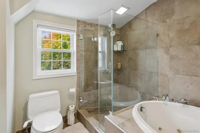 a bathroom with a toilet and shower