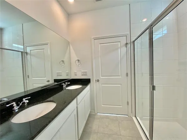 a bathroom with a granite countertop sink a mirror and a shower