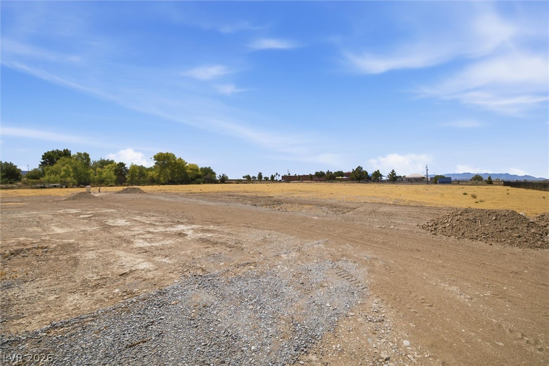 5910 East Kellogg Road Pahrump, NV 89061 - Photo 41 of 58 A vast, level parcel of land awaits your vision, bordered by distant trees under a clear sky.