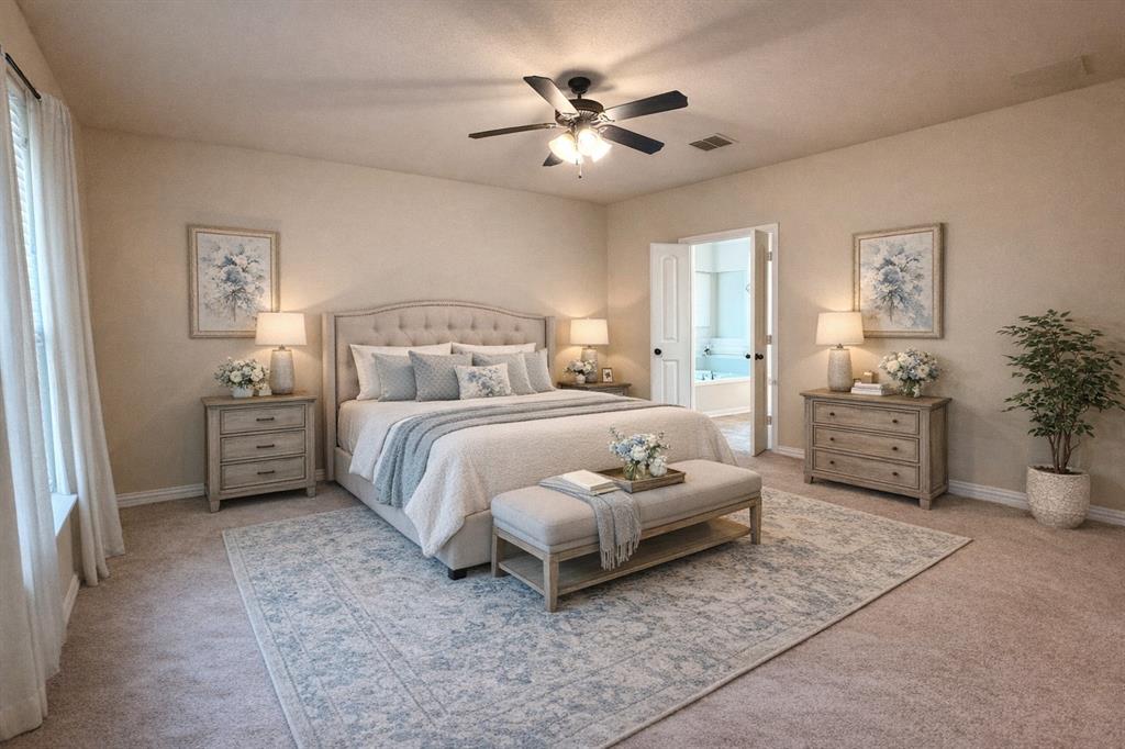 409 Corriente Trail Azle, TX 76020 - Photo 9 of 36 a spacious bedroom with a bed a chandelier and a couch