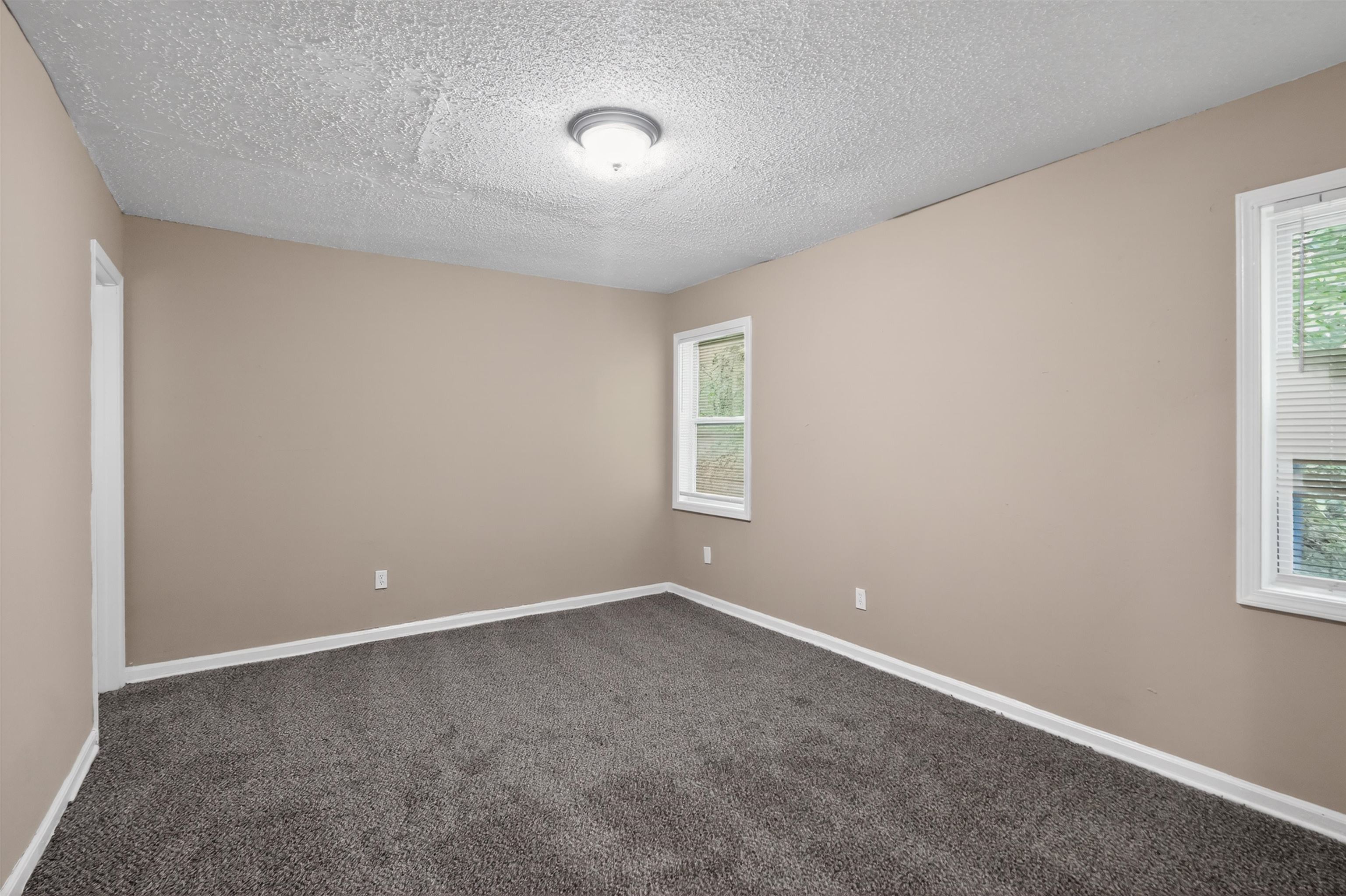 3608 Cane Ridge Drive Memphis, TN 38109 - Photo 17 of 31 Spacious room featuring neutral-toned walls, textured ceiling, two windows with blinds, and dark gray carpeting