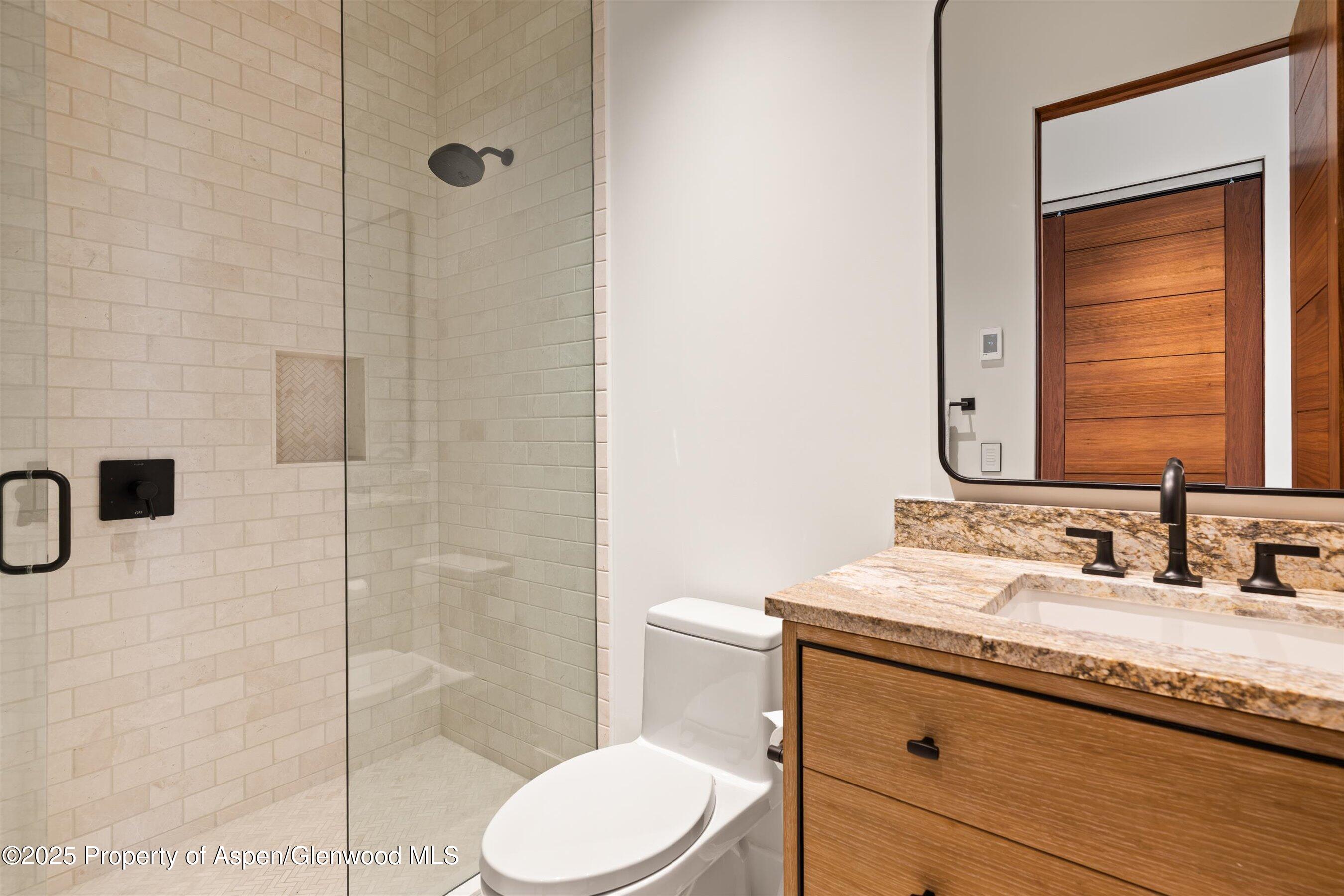 1234 Wood Road Snowmass Village, CO 81615 - Photo 50 of 66 a bathroom with a granite countertop sink toilet and shower