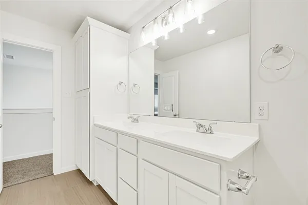 a bathroom with a sink double vanity and a mirror