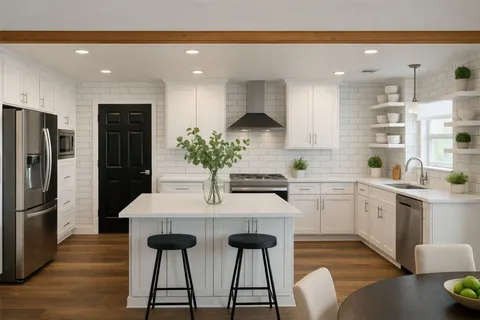 a kitchen with stainless steel appliances kitchen island granite countertop a refrigerator a stove a sink and white cabinets with wooden floor