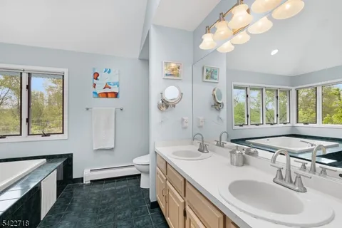 a bathroom with a sink a vanity and a large mirror