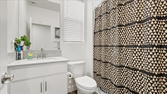 a bathroom with a sink a toilet a mirror and shower