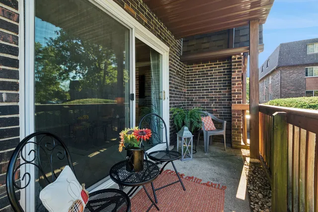 a view of a porch with a dining table and chairs with a potted plants