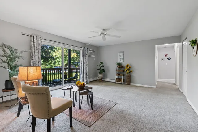 a living room with furniture and a potted plant