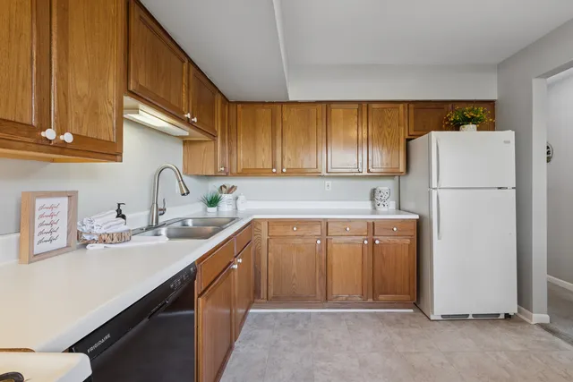 a kitchen with a refrigerator sink and cabinets