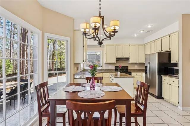 a view of a dining room with furniture window and outside view