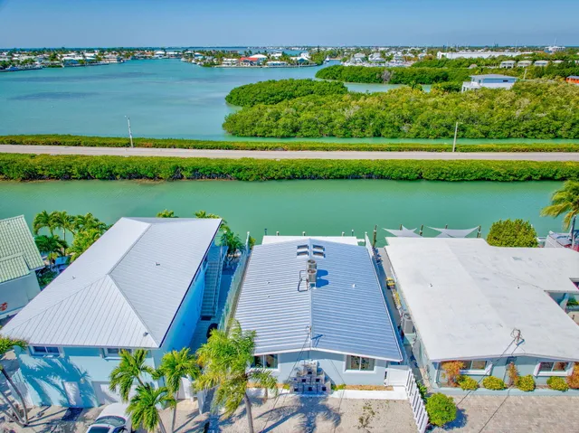 an aerial view of a house with a garden and lake view