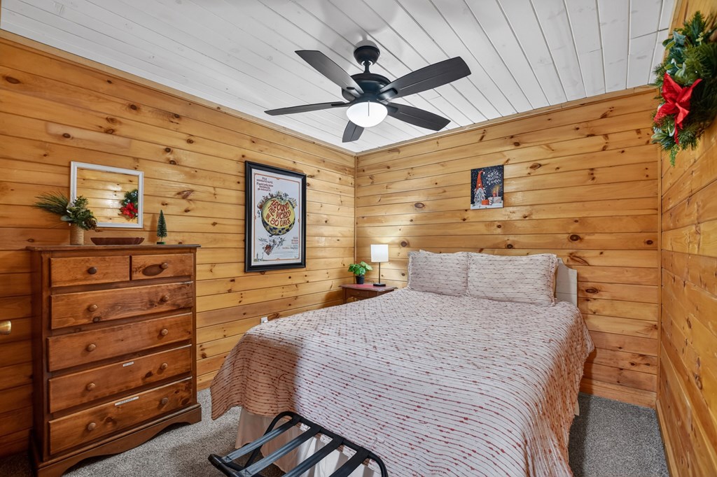 488 Joann Sisson Road Blue Ridge, GA 30513 - Photo 32 of 39 a bedroom with a bed and a chandelier