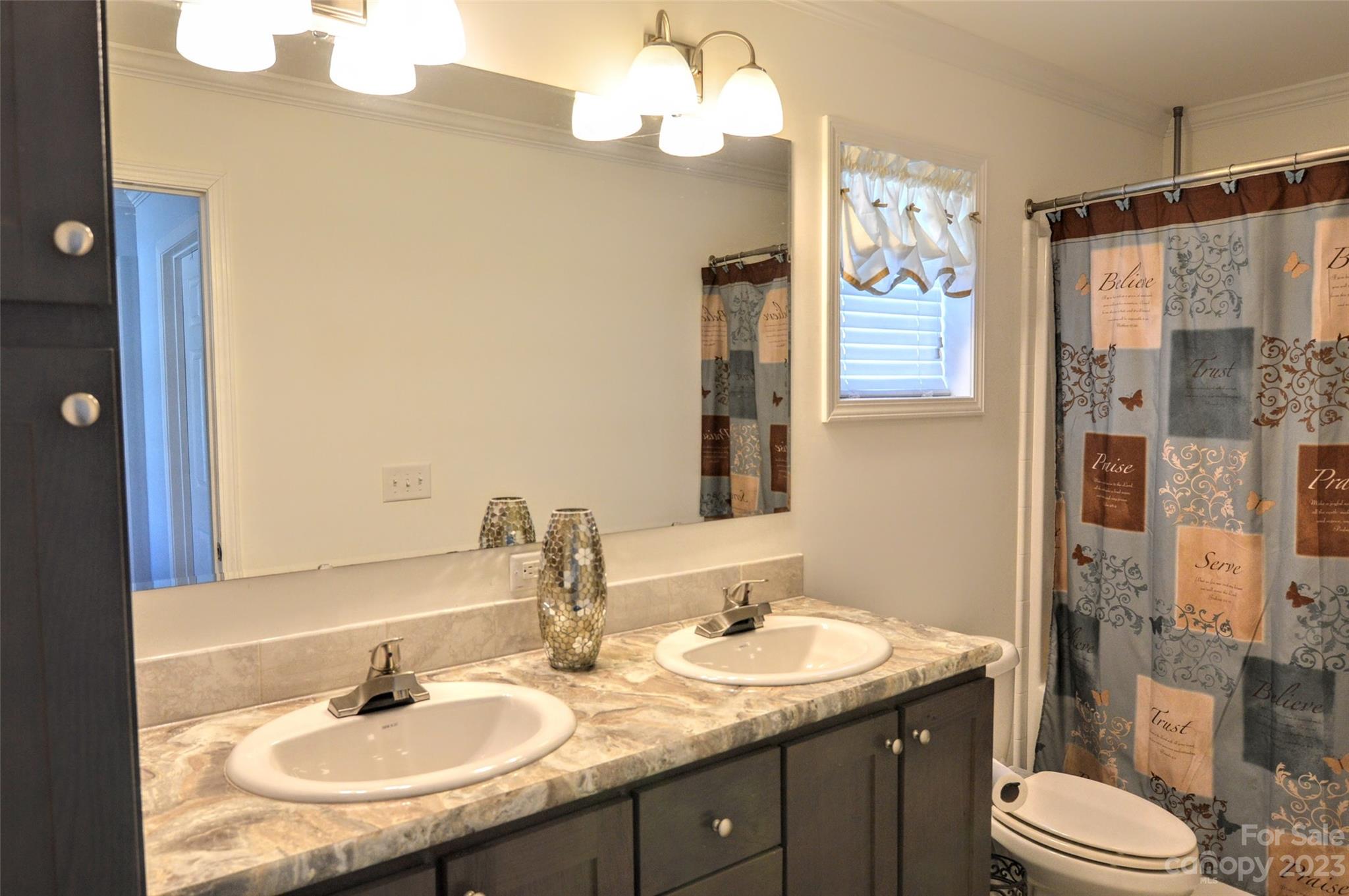 5717 Griffith Road Monroe, NC 28112 - Photo 26 of 48 a bathroom with a sink a toilet a mirror and shower