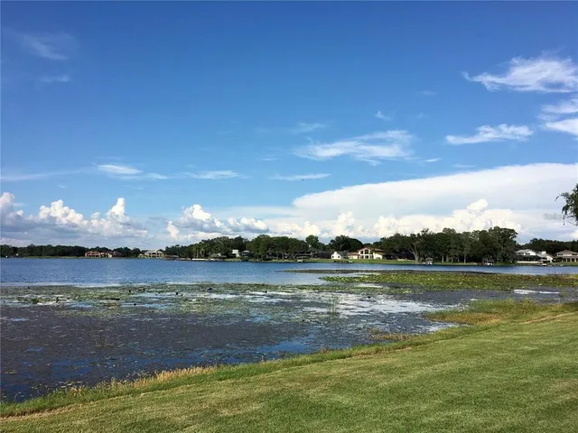 a view of a lake with houses in the background
