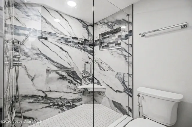 a bathroom with a shower and toilet