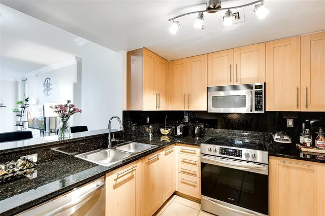 a kitchen with granite countertop a stove and a microwave