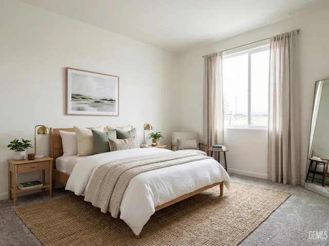 a bedroom with a bed and a large window