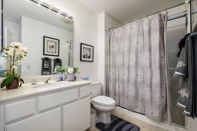 a bathroom with a sink a mirror and a shower