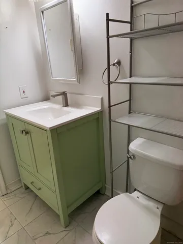 a bathroom with a sink a toilet and mirror