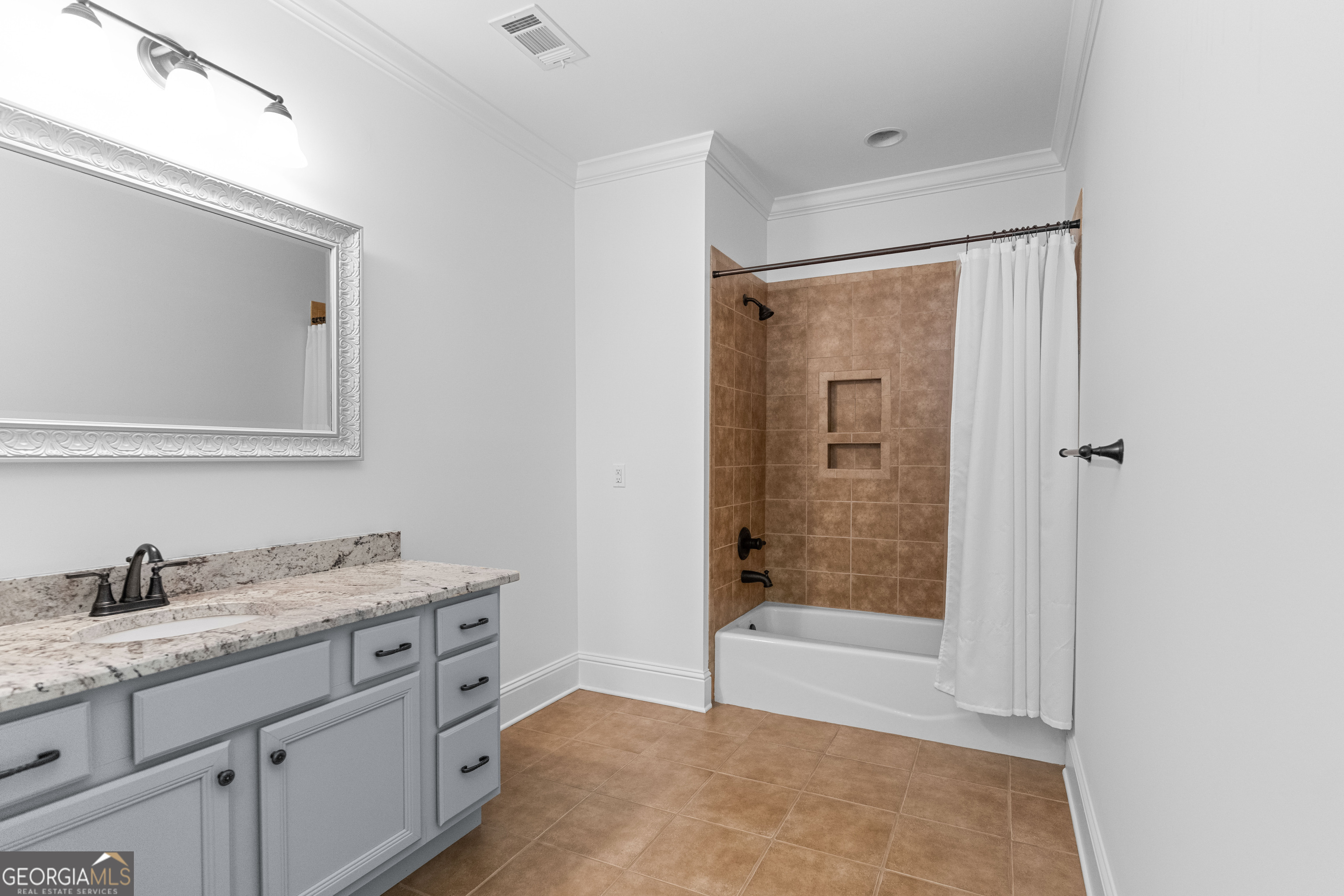 1011 Ridge Terrace Greensboro, GA 30642 - Photo 56 of 72 a bathroom with a granite countertop sink mirror and shower