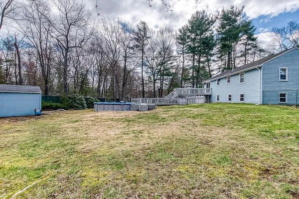 a view of a backyard with a large tree
