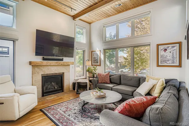 a living room with furniture a flat screen tv and a fireplace