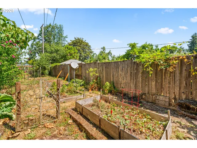 a view of a backyard with potted plants and wooden fence